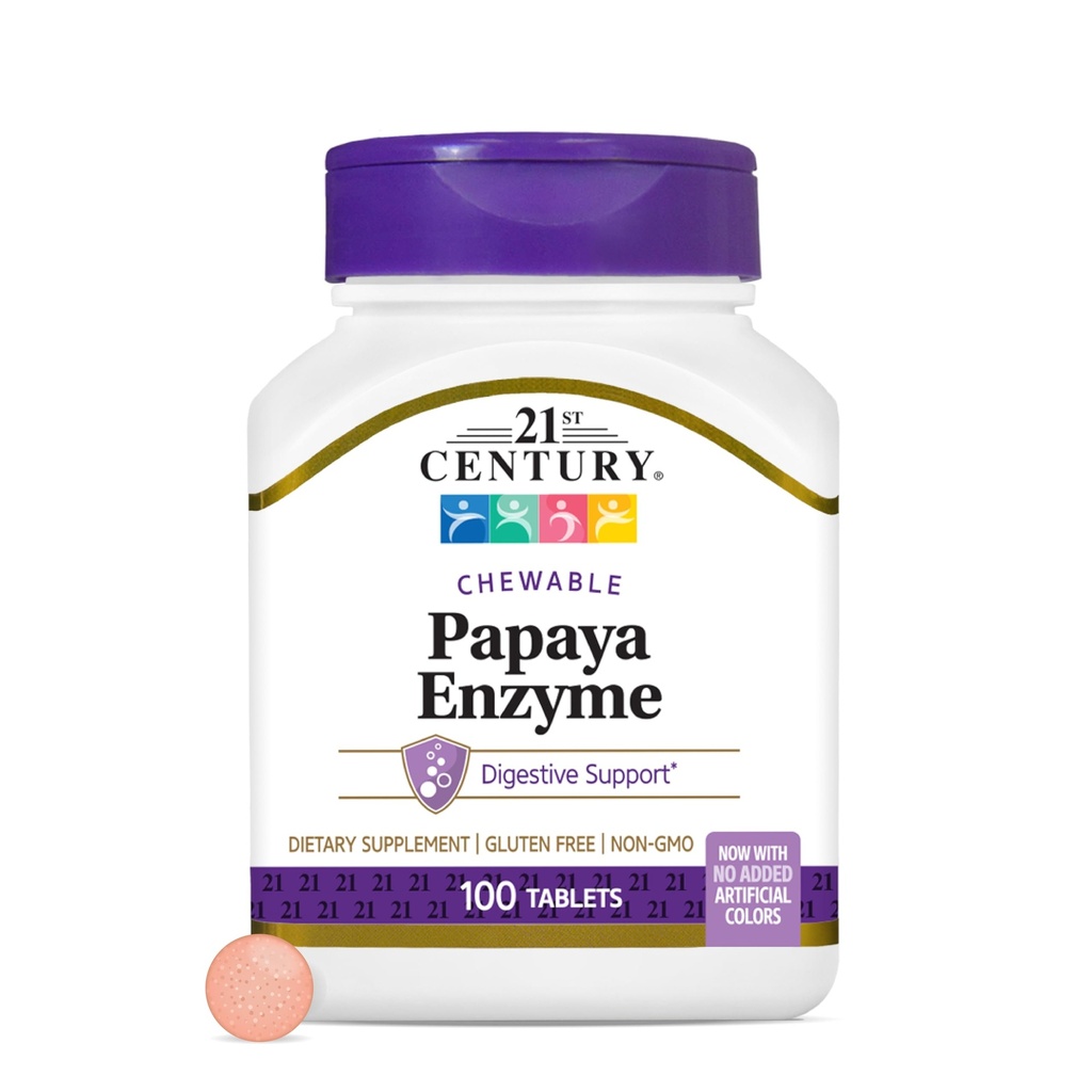 21. Století Papaya Enzyme Chewable (100 hrabě), Papaya & Ananas Digestive Enzymy pro Gut zdraví, Tropické Flavor, Non- GMO, Gluten- Free, No Add Salt, Umělé Flavors