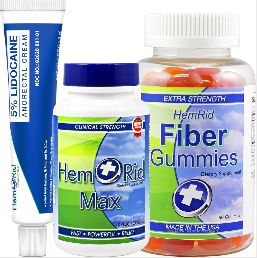 HemRid Kompletní Hemeroid Support System - Max Formule, Lidokain Cream & Fiber Gummies pro okamžité uvolnění & Long- Term Comfort