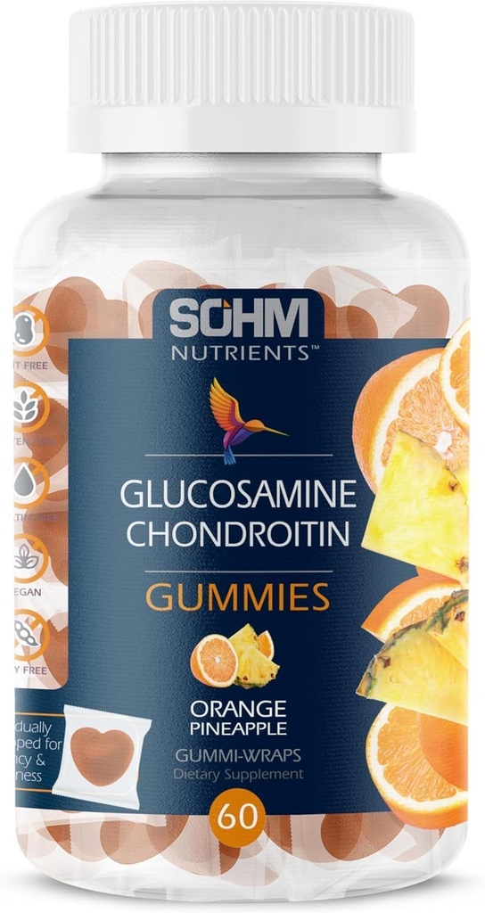 SOHM Glucosamine a Chondrotin Gummies 60 Počet jednotlivě zabalených, Podporuje spojky zdraví a kostí zdraví, Glucosamine Chondroitin Gummies pro Mens a ženy Vegetariánské (Ananas, Orange)