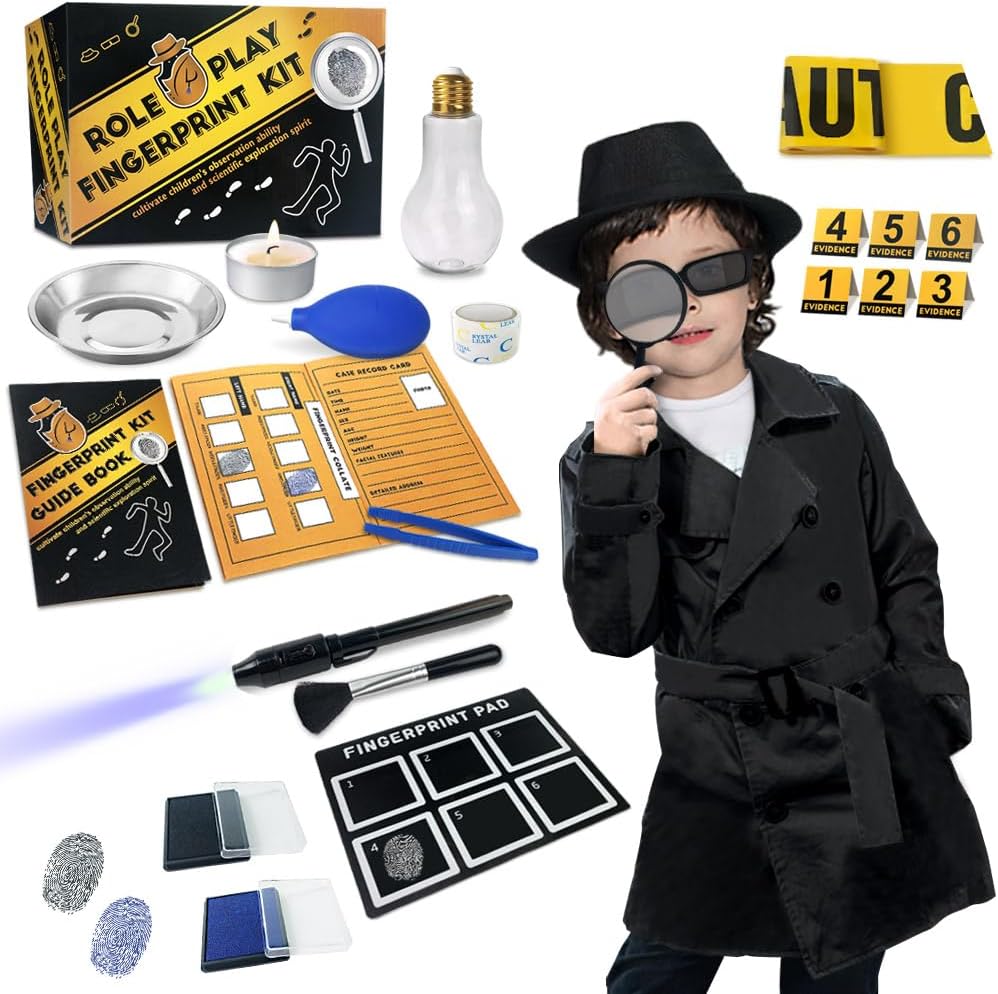 Spy Kit pro děti detektiv Outfit otisky prstů dárky pro 5 6 7 8 9 10 11 year Old Boys vyšetřování Role Hrát zdobit kosterní Vzdělávací věda tajný agent Finger Tisk Identifikace