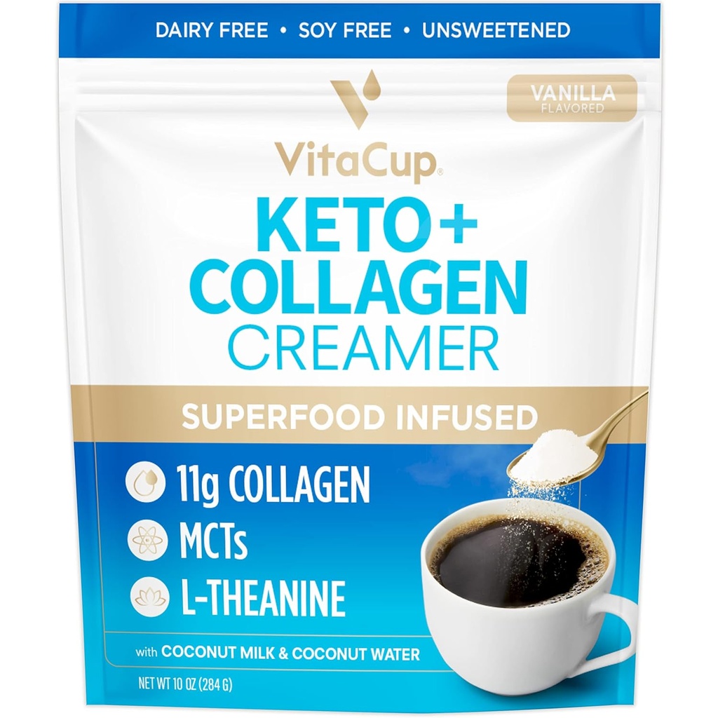 VitaCup Keto + Collagen Coffee Creamer Vanilla Flavor s MCT, kolagen protein, kokosová voda, L- Theanine pro Keto Diet, Použití v kávě, Smoothies, & Shakes, Dairy-Free, gluten- Free, Soy- Free, 10oz