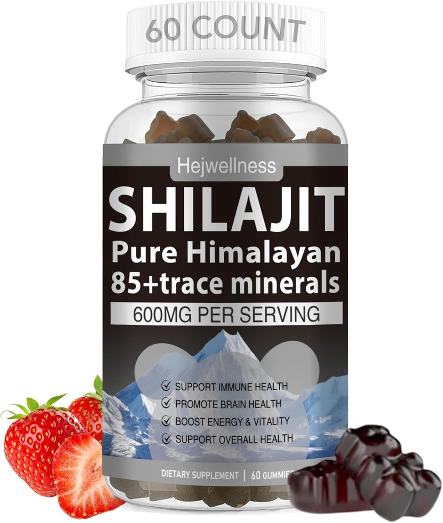 Shilajit Gummies - 600 mg přírodní organické Shilajit Resin s 85 + stopovými minerály, Fulvic Acid & Phytonutrients - Jahodová Flavor - pro energii, imunitní podpora - 60 Gummies, 1 měsíc
