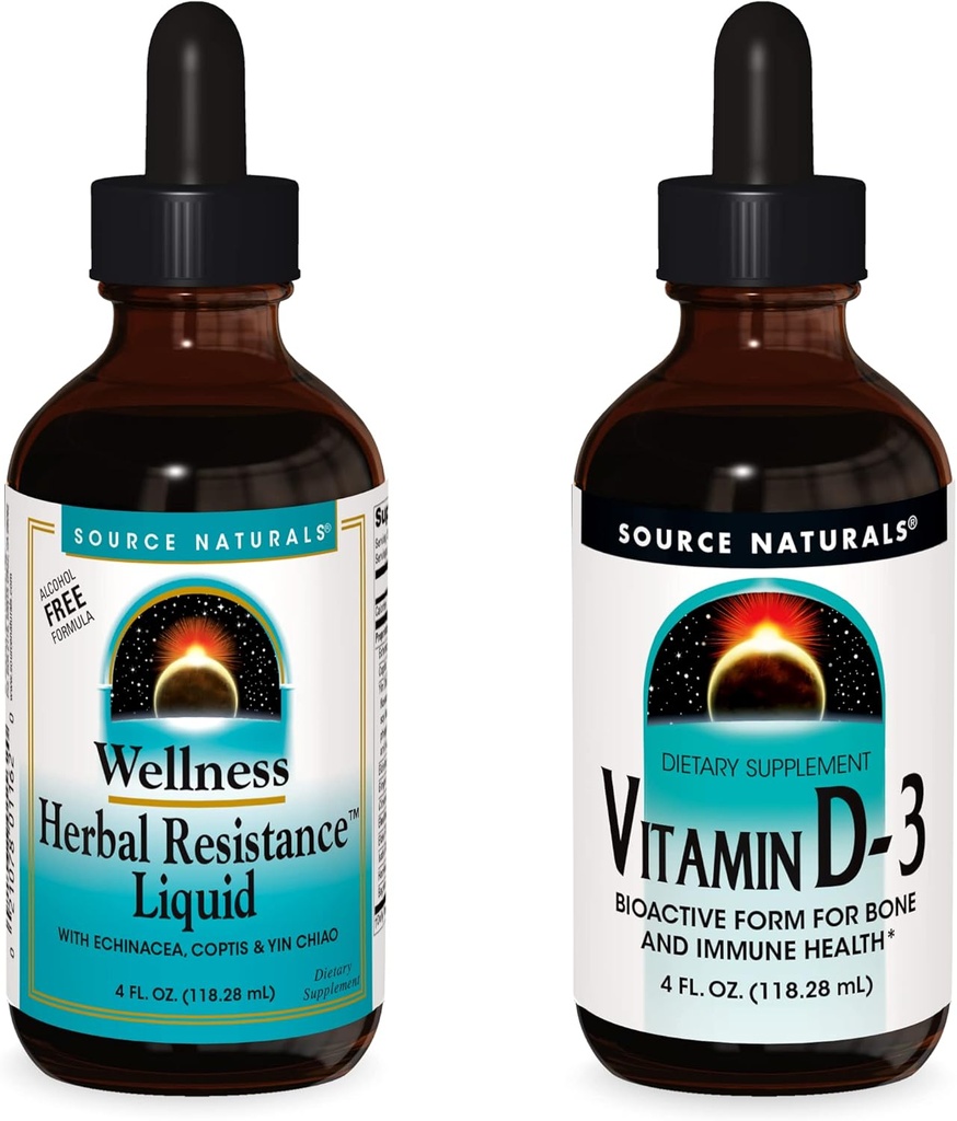 Zdroj Natural Tekuté doplňky, Bylinná rezistence a 2000 iu Vitamin D-3-4 oz Lahve