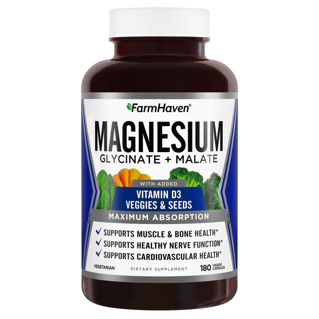 FarmHaven Magnesium Glycinate & Malate Complex w / Vitamin D3, 100% Chelated for Max Absorption, Vegetarian - Bone Health, Nerves, Svaly, 180 Kapsle, 90 dní