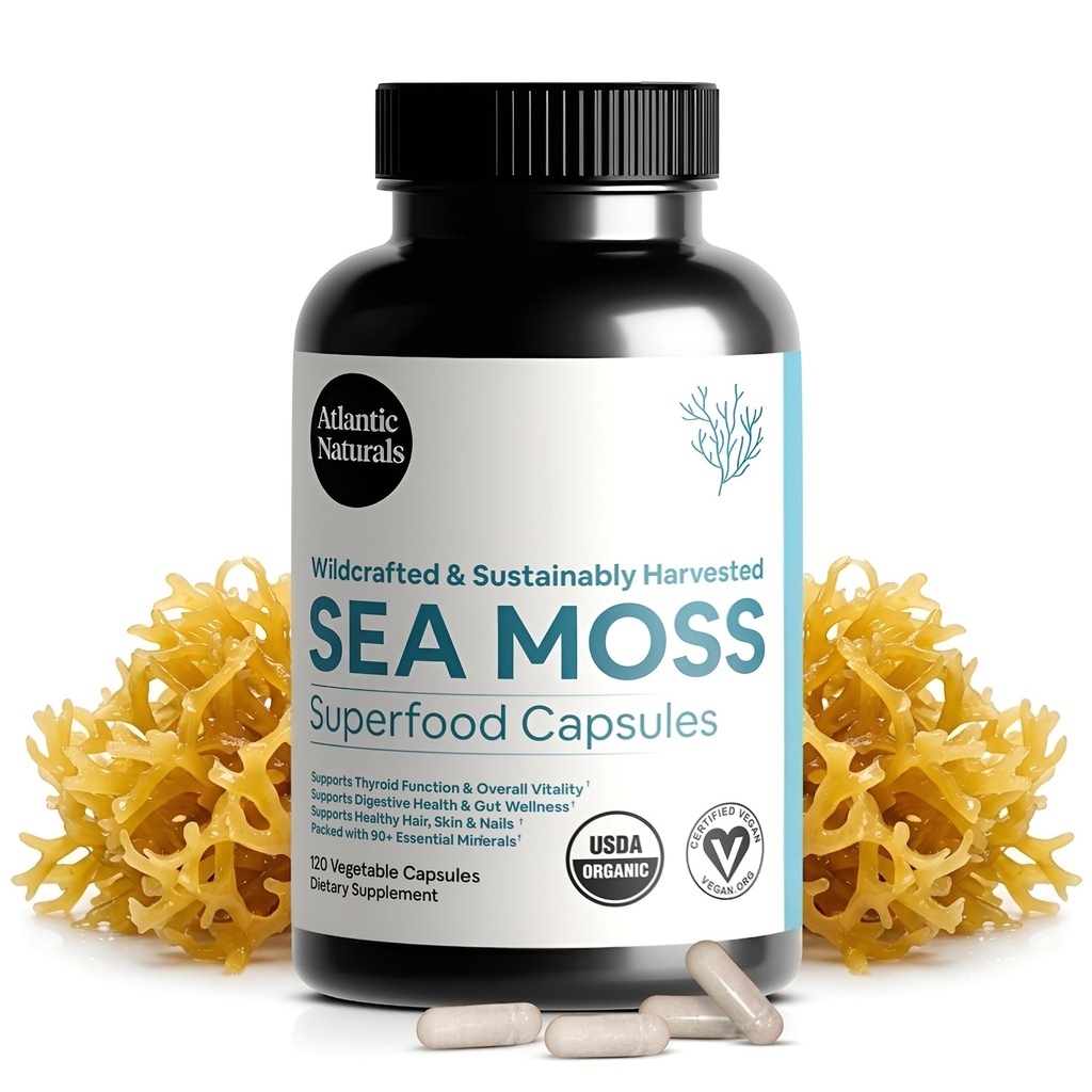 Atlantic Naturals Moss Kapsle s Moringa, Ashwagandha, Black Seed Oil, Ginger & Ginseng - Atlantic Sea Moss doplňky pro muže a ženy - pro denní energie & Wellness Blend - 120 Počet