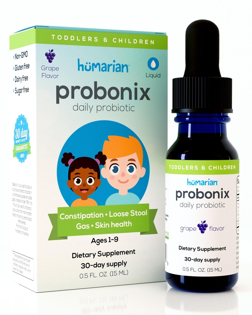 Probonix Humarian Liquid Probiotika pro děti staré 1-9 let - Superior 8-Strain Probiotické Kapky k posílení Gut zdraví, imunity a více - 30- denní dodávky - Chutné Grape Flavor