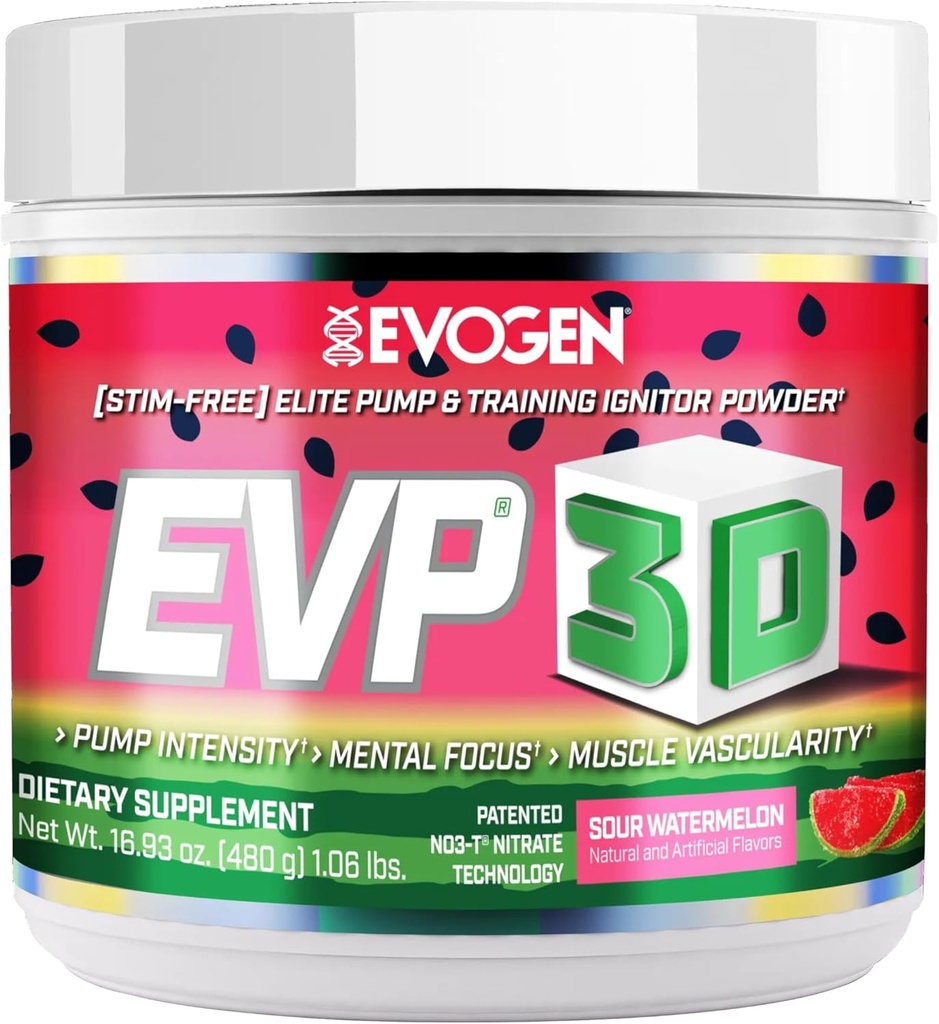 Evogen EVP 3D - Stim zdarma Pre Workout Prášek pro muže a ženy 124; Cukr zdarma Non Stim Preworking s Beta Alanin a Creatine pro energii a čerpadlo 124; Sour Meloun 124; 40 Servings
