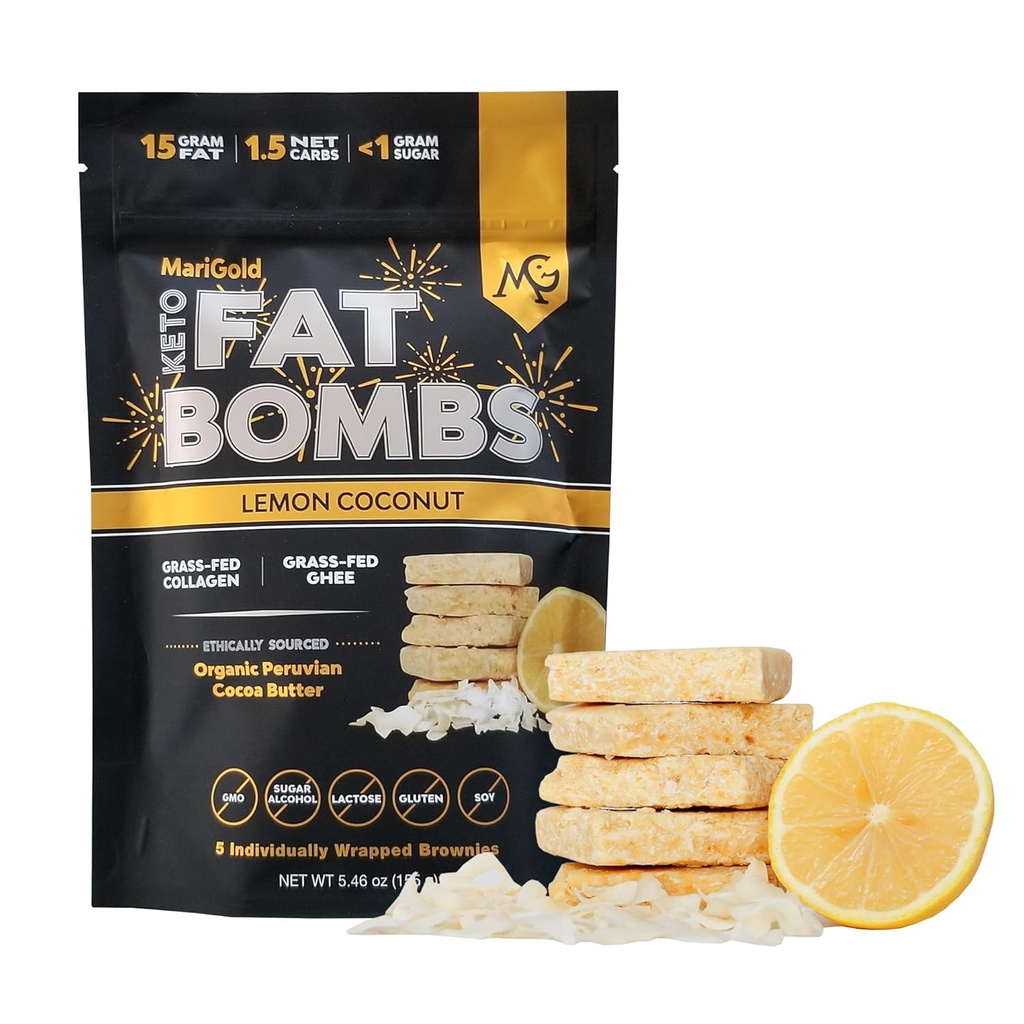 MariGold Keto Fat Bombs - Lemon Coconut - Low Carb, Collagen Rich, Grass- feed Ghee, Organic Cocoa Butter, Gluten- Free, Non- GMO (1 sáček, 5 Služeb)