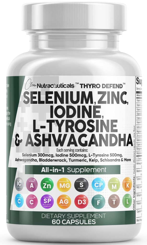 Clean Nutra Selenium 300mcg jód 500mcg Podpora štítné žlázy pro ženy a muže 124; L Tyrosin 500mg Ashwagandha dodatek Bladderwrack, turmeric, Kelp, Schisandra zinkové pilulky kapsle doplňky