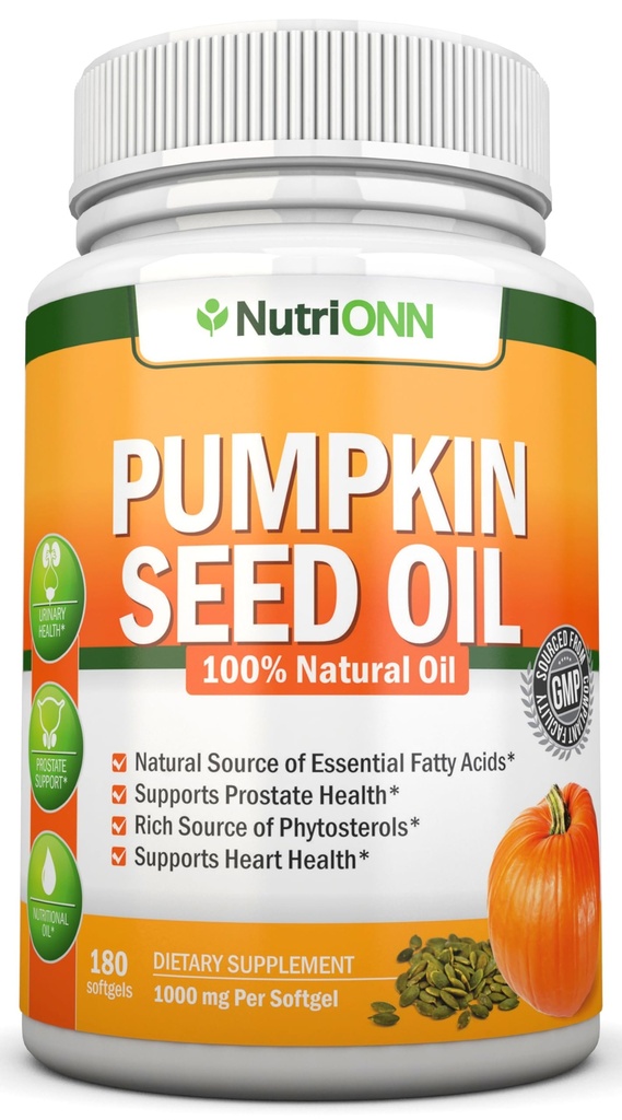 Pumpkin Seed Oil - 1000MG - 180 Softgels - Cold- Vytlačený přírodní dýňový olej - Přírodní zdroj esenciální mastné kyseliny - Skvělé pro růst vlasů, Prostate Health a GI Tract