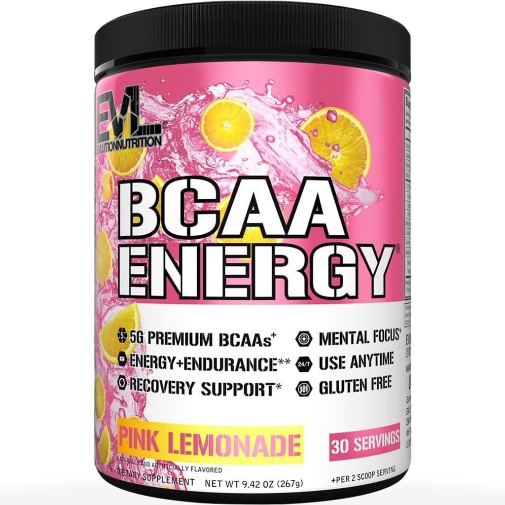 EVL BCAA Aminokyseliny Powder - BCAA Energy Pre Workout Powder for Muscle Recovery Lean Growth and Endurance - Rehydratační příspěvek Recovery Drink with Natural Cafeine - Pink Lemonade
