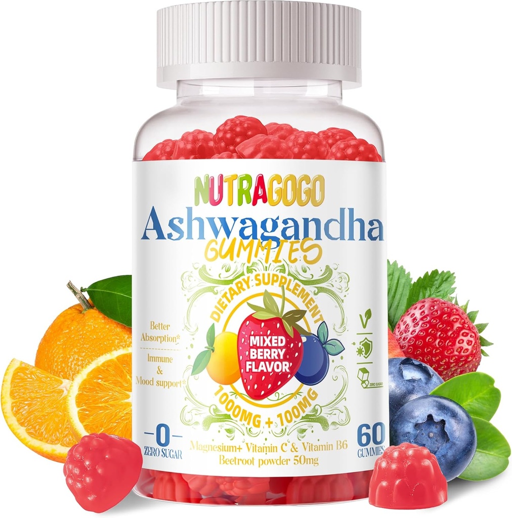 Ashwagandha Gummies & Vitamin D3 Gummies 60 Počet - Organic Aswangdha dodatek pro zlepšení spánku, Stress Relief & Mood klid (Smíšené Berry, Vegan, Plant based, gluten- Free & Želatina zdarma) -1pack