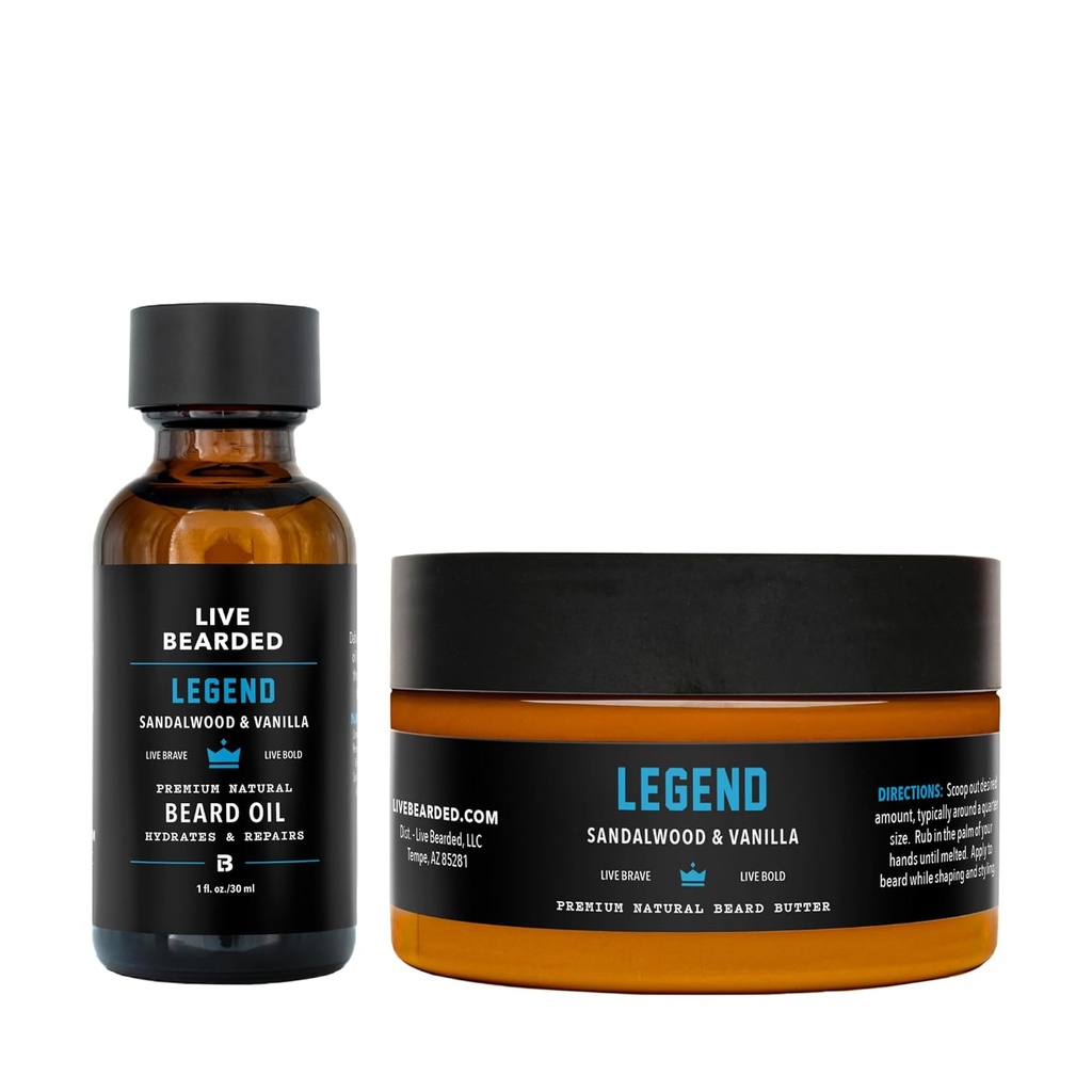 Live Beard Oil and Butter Grooming Kit - Made in the USA - All- Natural Ingredients with Shea, Argan, Jojoba - Growth Support Oil 124; Legend Scent - Sandalwood, Vanilla