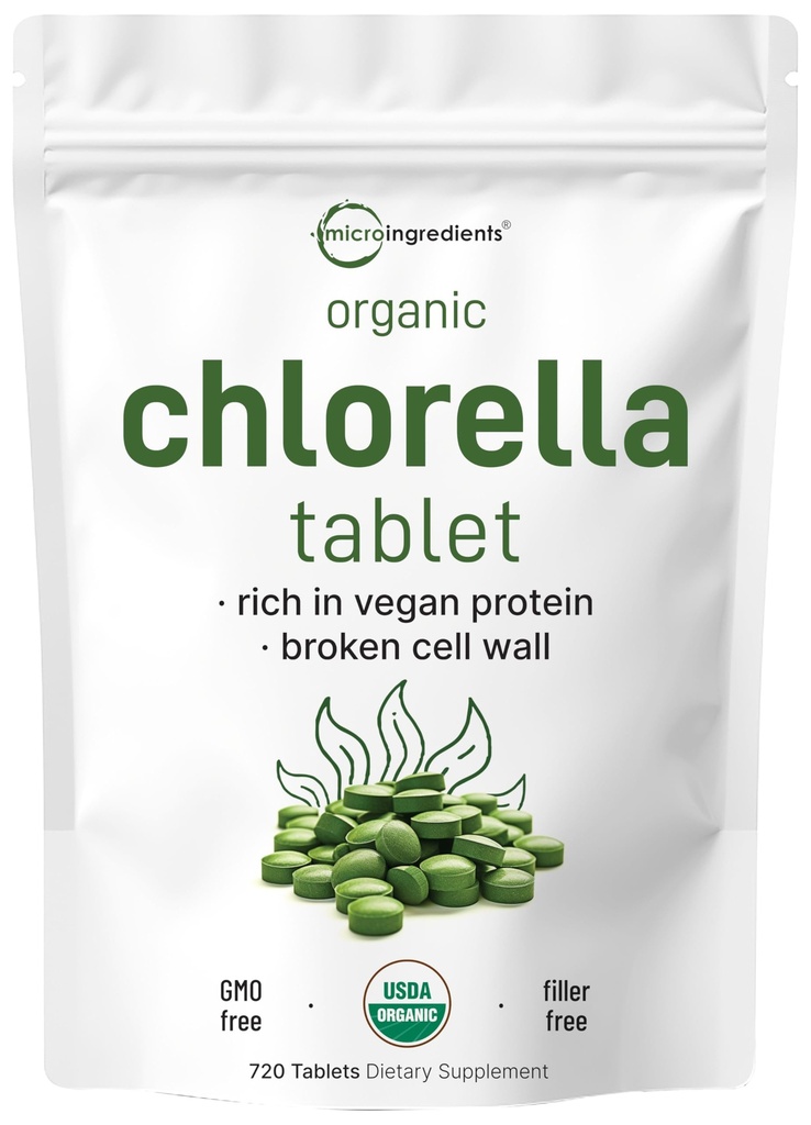 Organické Chlorella tablety, 500mg per Tablet, 720 Tabs (360 gramů), 4 měsíce Dodávka, Zlomené buněčné zdi, bohaté na Vegan Protein & Vitamíny, No Filler, No Additives & Non- GMO Superior