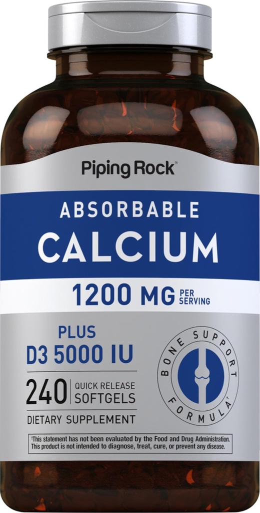 Piping Rock Calcium 1200 mg s vitaminem D3 CLAS124; 240 Softgels CLAS124; 5000 IU vitaminu D3 CLAS124; Absorbovatelné doplněk vápníku CLAS124; Non- GMO, gluten zdarma