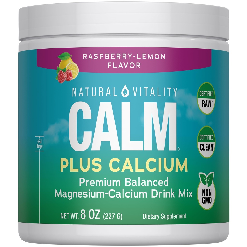 Natural Vitality CALM Magnesium Supplement Drink Mix Plus vápník, Anti- Stress Drink Mix Powder, S vápníkem, Vegetarian & Non- GMO, Raspberry Lemon, 8 oz