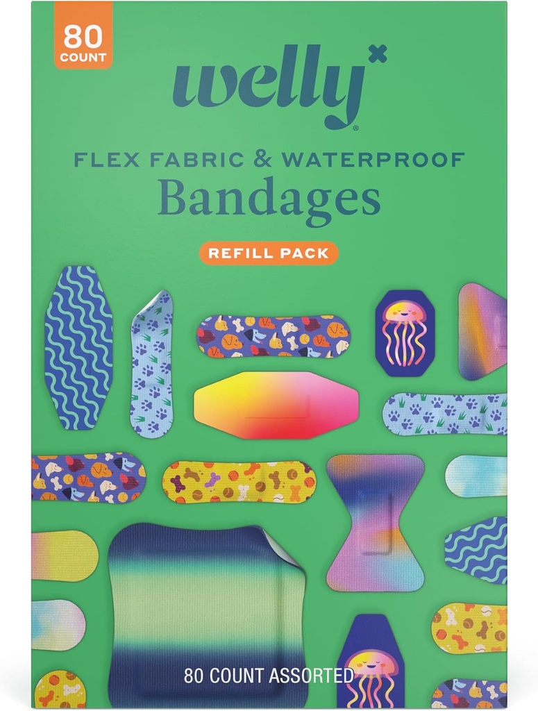 Welly Bandage Family Pack 124; Lepivé flexibilní Fabric & Waterproof Bandages 124; Tříděné tvary a vzory pro drobné kusy, škrabky a zranění - 80 Počet
