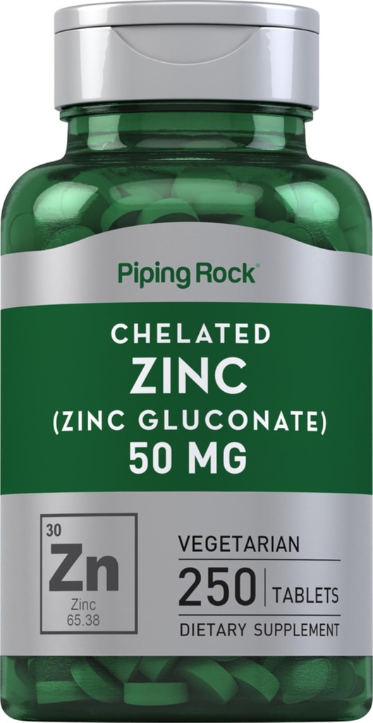 Piping Rock Chelated Zinek 50mg FLAN124; 250 tablet FLAN124; Gluconate FLAN124; Vegetarian, Non-GMO, gluten zdarma dodatek