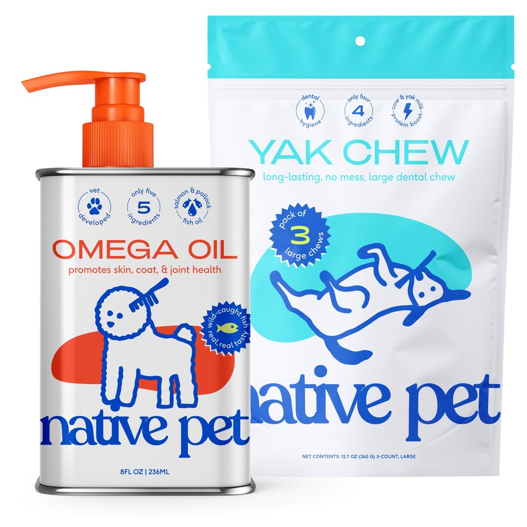 Native Pet Omega Oil for Dogs - Dog Fish Oil doplňky & Yak Žvýkání pro psy 124; Pasture- Raised and Organic Yak Cheese Himalayan Churpi Chews 124; 8 Oz. & 3 Velké Jak žvýkání