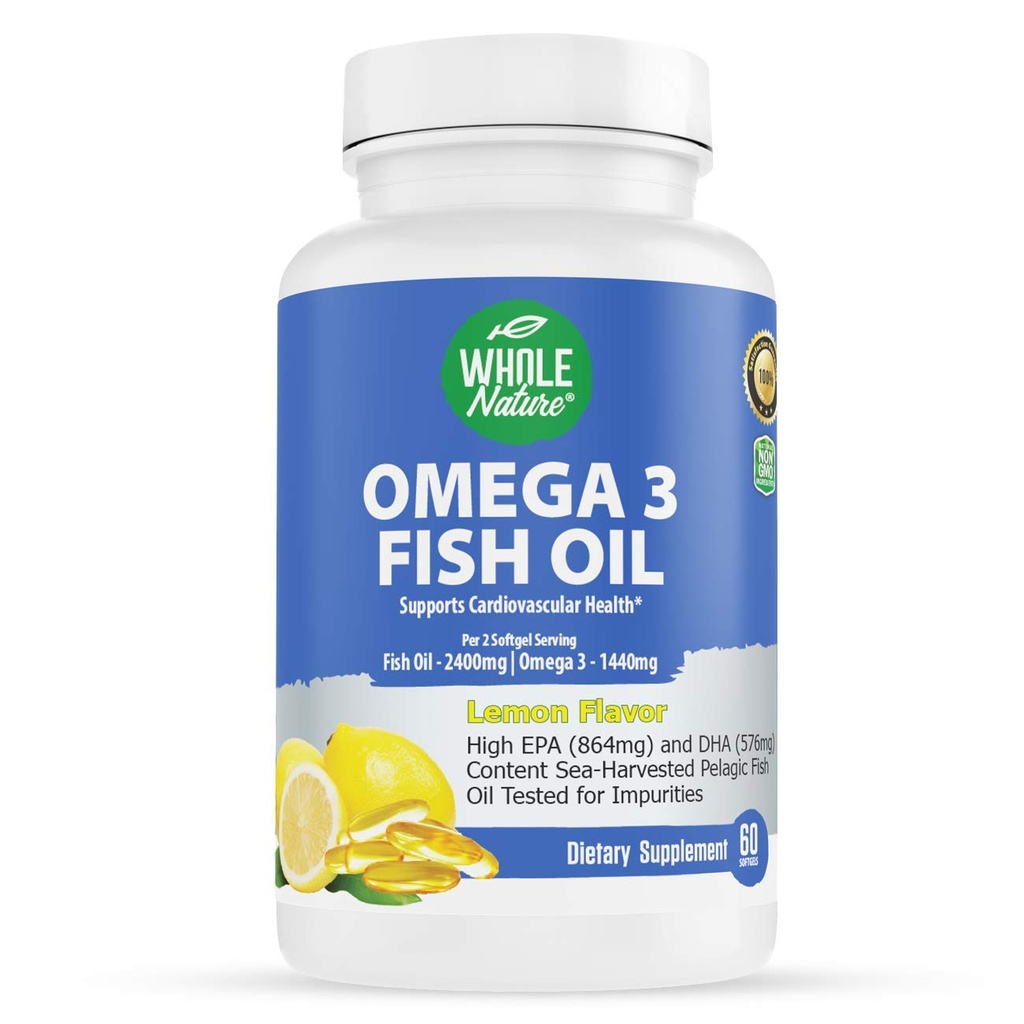 Omega 3 Doplňky rybího oleje, Maximální síla 2400 mg Omega-3, 1440mg Fish Oil, EPA DHA Fatty Acids, Heart Health, Vision, Oko, Mozek, Imunitní podpora pro ženy a muže. Natural Lemon Flavor, 60 ct (1)