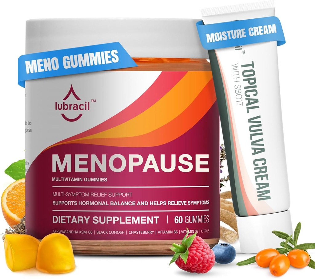 Lubracil Menopauza Gummies & Topical Vulva Cream Bundle - Hormone- Free Support for Hot Flashs, Vaginální suchost, Svědění, Mood Swings & Night Sweats with Black Cohosh, Ashwagandha, Omega-7 & Vitamin E