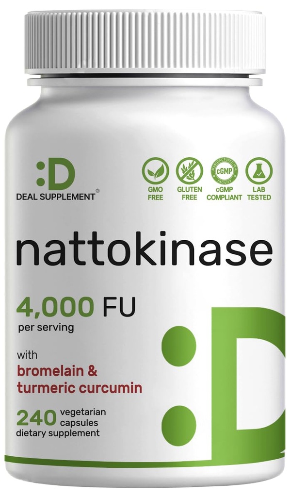 Nattokinase dodatek 4000 FU per Serving, 240 Veggie Kapsle - Japonská Natto s Bromelain, Turmeric Curcumin & Black Pepper Complex - Digestive Enzymes & Heart Health - Non- GMO, Vegan