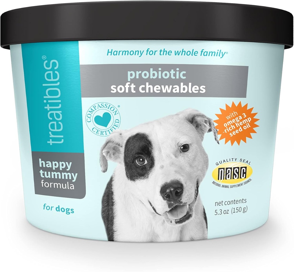 Treatibles Happy Tummy Probiotic for Dogs Soft Chewables, 5.3 oz - Stravovací podpora, imunitní systém, Gut Health