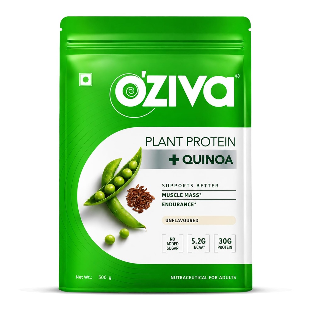 OZiva Organic Plant Protein Powder 124; 500 Gm Factory 124; (30g Vegan Protein - Pea Protein a, Brown Rice Protein & Quinoa, Soy Free) pro každodenní fitness, zvyšuje imunitu, bez příchutí (1.1 lb)