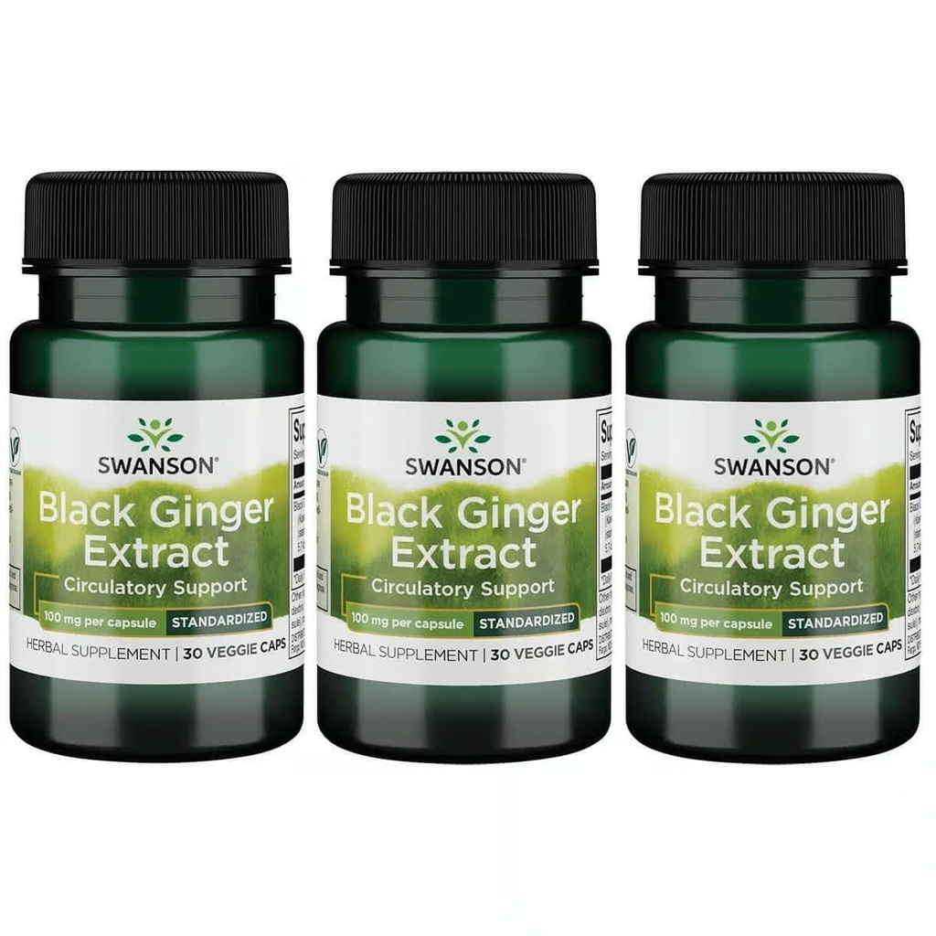 Swanson Black Ginger Extract - Podporuje zdravý krevní oběh a fyzickou vigor - May Aid Heart Health, Muscle Tissue, a duševní pohodu - (30 Veggie Kapsle, 100mg každý) (3 balení)