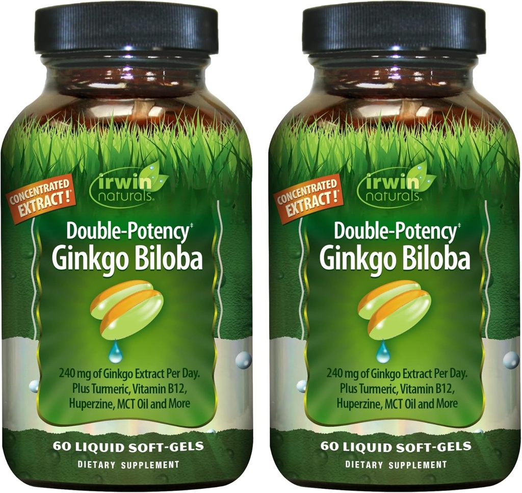 Irwin Naturals Double-Potency Ginkgo Biloba - 60 Liquid Soft- Gels - Brain, Focus & Circulation Support - 2 Pack
