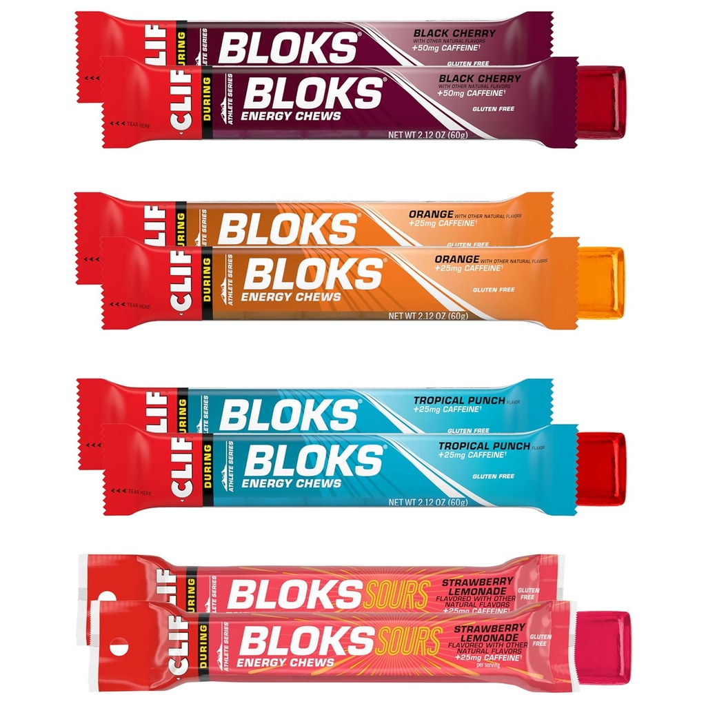 Clif Bloks - Energy Chews with Caffeine - Variety Pack - Non- GMO - Plant based - Fast Fuel for Cycling and Runing - Quick Carborates and Electrolytes - 2.12 oz. Packets (8 Počet)