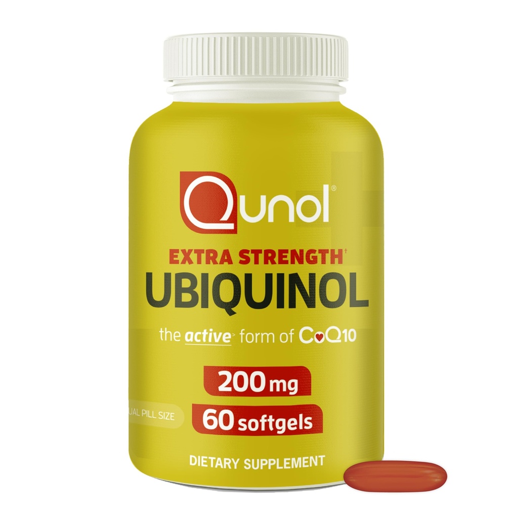 Qunol 200mg Ubiquinol, Výkonný antioxidant pro srdce a cévní zdraví, Základní pro výrobu energie, Přírodní dodatek Aktivní forma CoQ10, 60 Počet