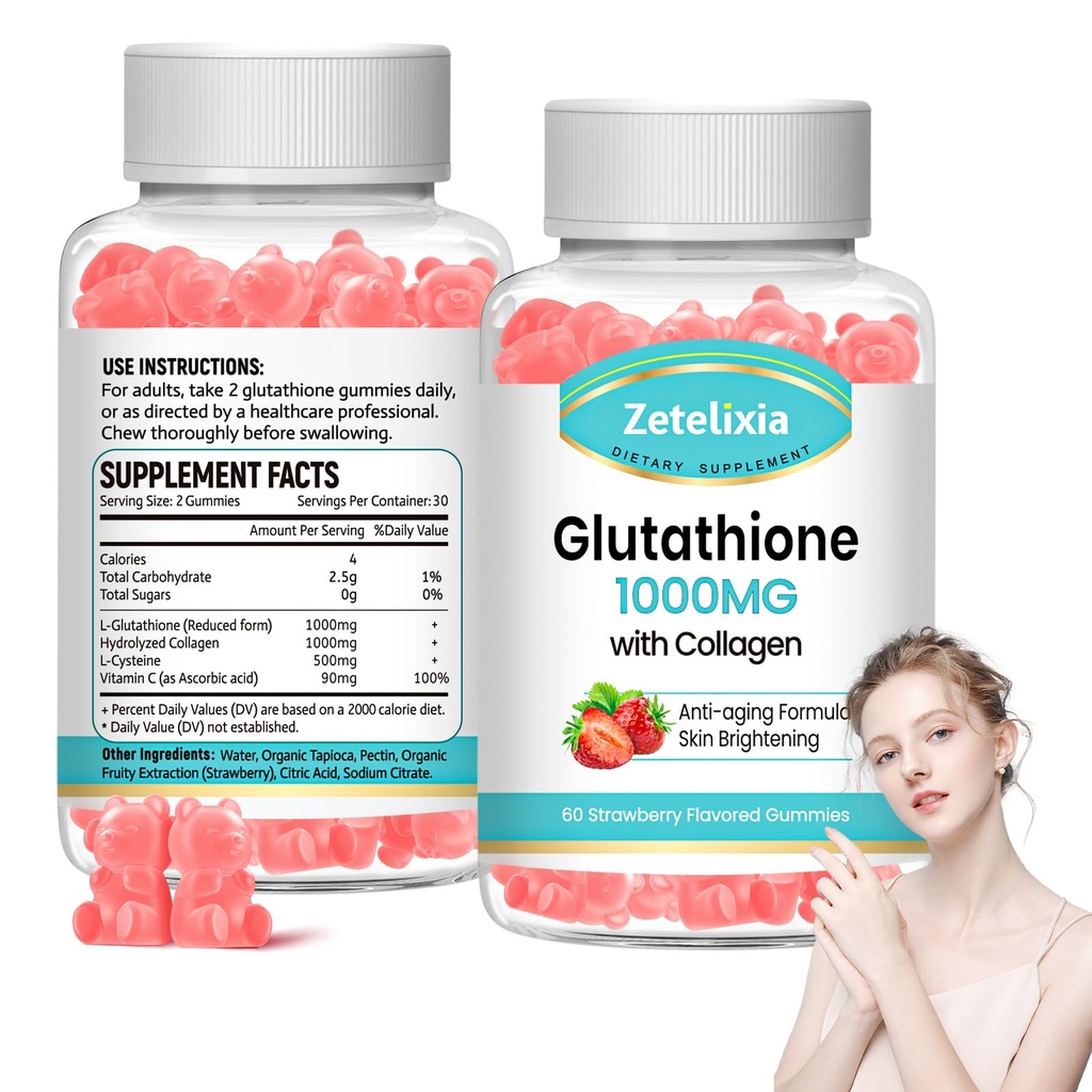 2 Pack Glutathione Kolagen Gummies, Kolagen Gummies s vitamínem C, Glutathione dodatek pro ženy, Vlasové kožní hřebíky Muscle & Joint, Anti- Stárnutí, Vegan, Cukr zdarma, Jahodová Flavor, 120 Počet