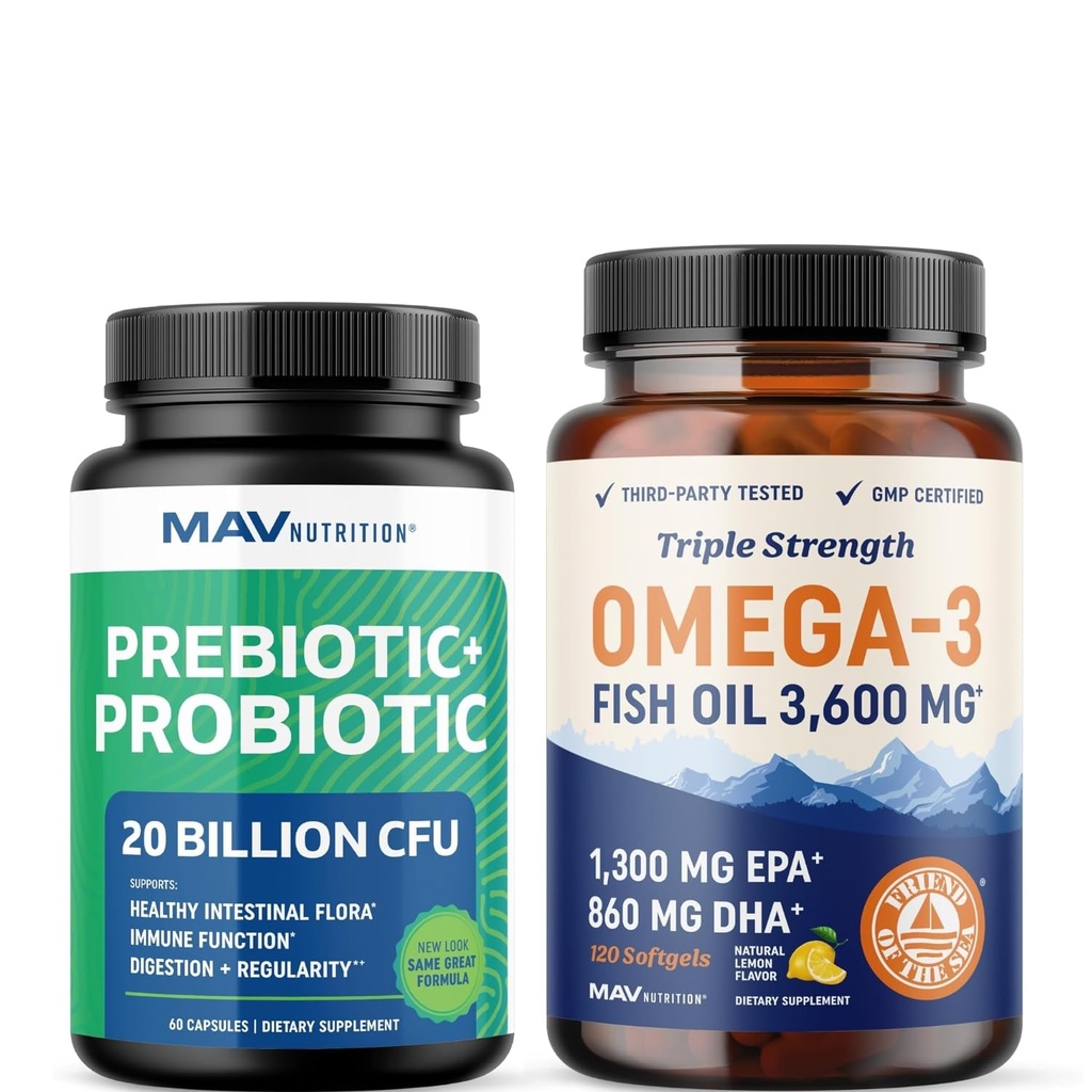 Omega 3 Rybí olej a probiotické kapsle 124; Triple Strength EPA & DHA s Probiotic Gut Health & Immunication Supplement PHAR124; Komplexní Wellness Bundle