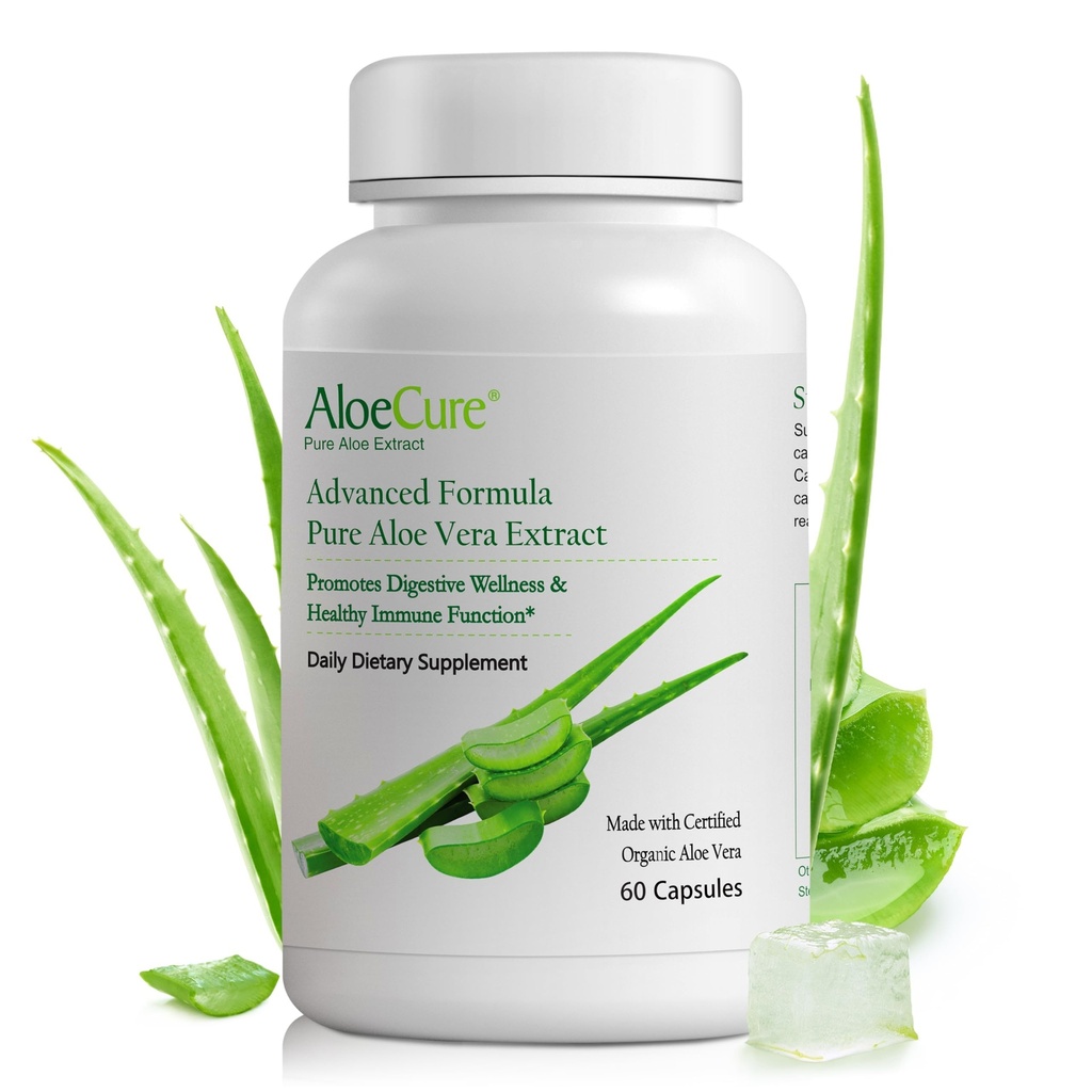 AloeCure Organic Aloe Vera Kapsle, 160,000mg Inner Aloe Leaf Ekvivalentní per Serving, Support Gut, Digestive, & Imunitní zdraví, Pomáhá udržet vyváženou kyselost žaludku, Aloin zdarma, 60 Kapsle