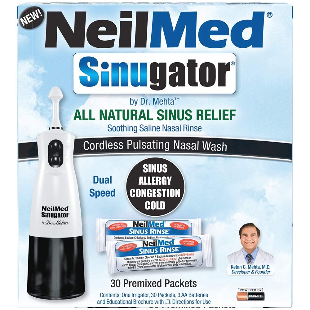 NeilMed Sinugator Bezšňůrový Pulsating Nasal zavlažovač (Dual Speed) s 30 Premixed Packets a 3 AA baterie - černá (balení po 1)