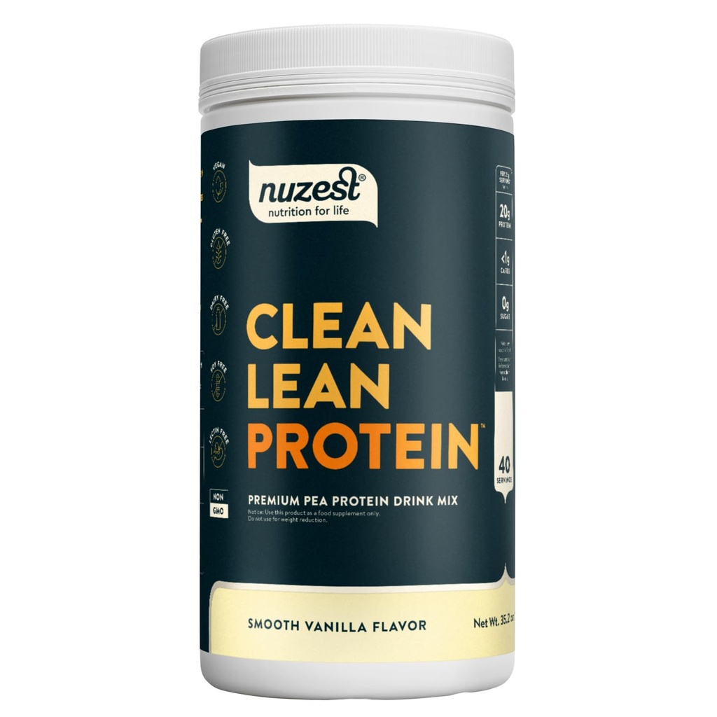 Nuzest - Pea Protein Powder - Clean Lean Protein, Premium Vegan Plant Based Protein Powder, Mléčné mléko Free, Gluten Free, GMO Free, Protein Shake, hladká vanilka, 40 Služení, 2,2 lb
