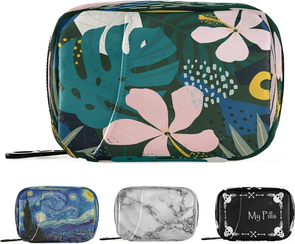 Naanle Hawaiian Palm Leaf Flower Pill Box 7 Day Pill Pouzdro Cestovní Pill Pořadatel Bag se Zipper Přenosný Týdenní Pouzdro Kompaktní Velikost pro Vitamin Dodatek Držák