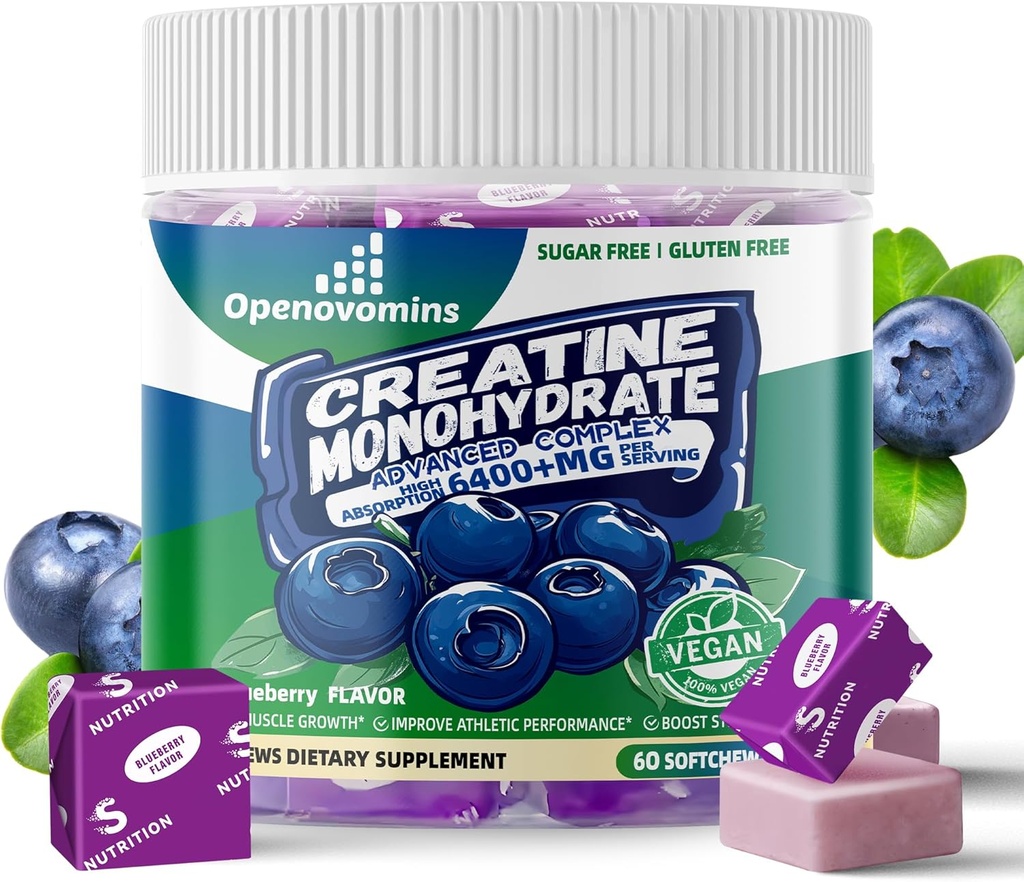 Creatine Monohydrát Soft Chews Complex 6400mg pro muže a ženy - Advanced Formule W / L- Taurin + vitamín B12, Bezcukrový žvýkací doplněk, 60 Blueberry Softchews