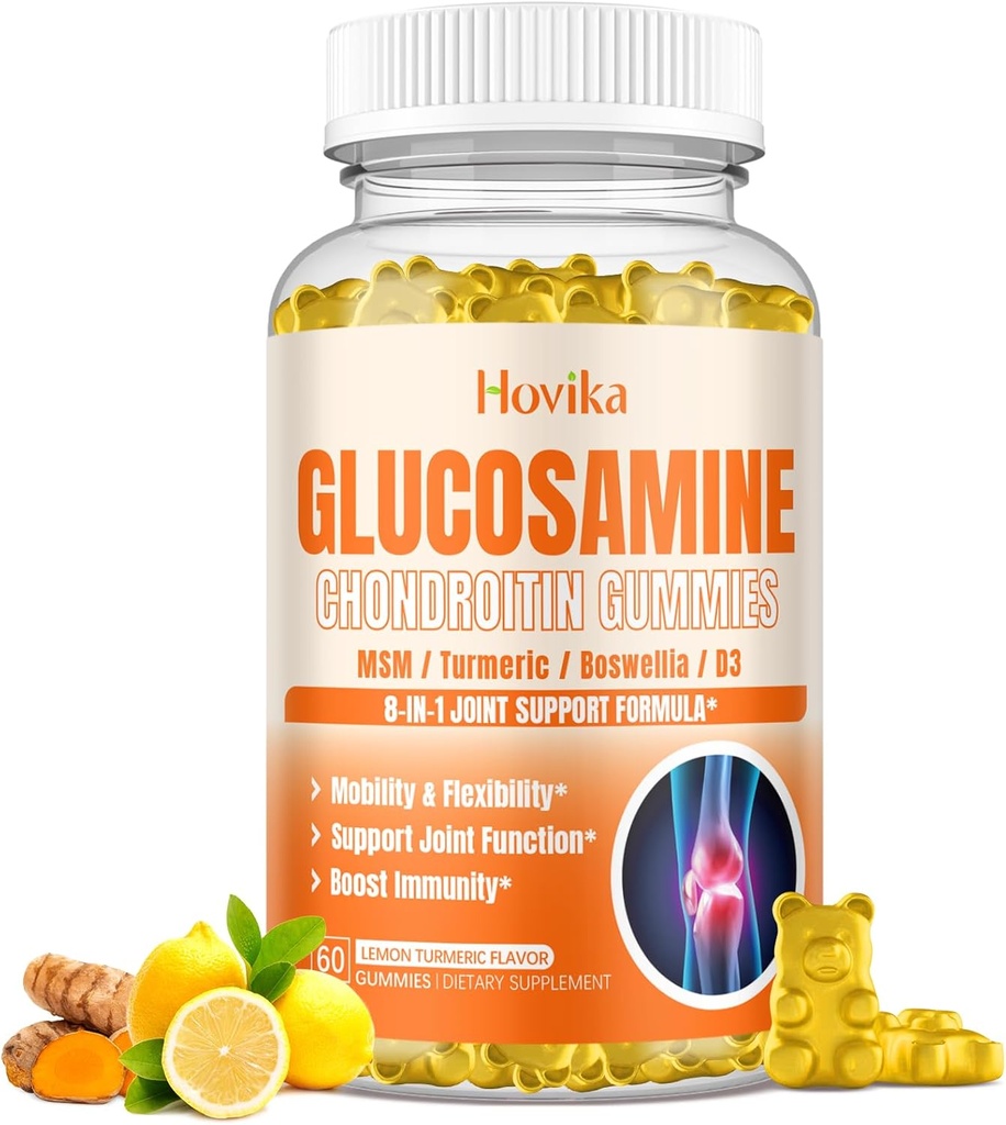 Glucosamine Chondroitin MSM Gummies 1500mg - Dodatek společné podpory s kurkumou, Boswellia, Vitamin D3, Hyaluronic Acid, Antioxidant, Imunitní podpora pro dospělé, Muži a ženy Vegan, 60 Gumy