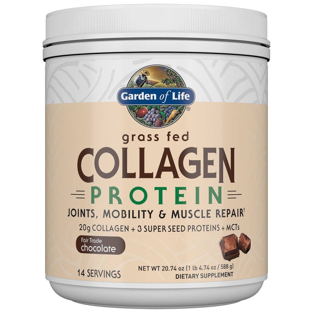 Zahrada života Tráva Fed Kolagen Protein Powder - Čokoláda, 14 Servings, Prášek pro spojky Mobility Muscle Opravy, Kolagen Peptides + Super Seeds + Kokosový MCTs, Keto Dodatek