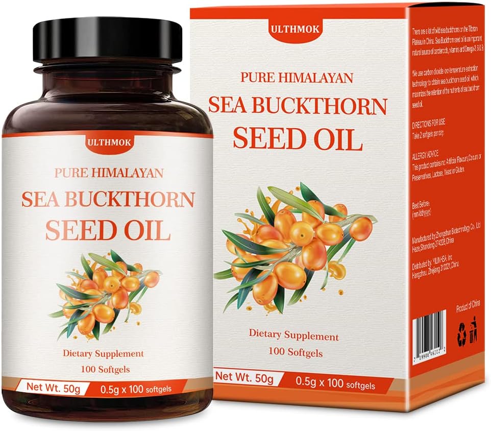 ULTHMOK Premium Sea Buckthorn Seed Oil, 100% Seed Oil, 100 Softgels & 100 × 500mg, Non- GMO, gluten Free.