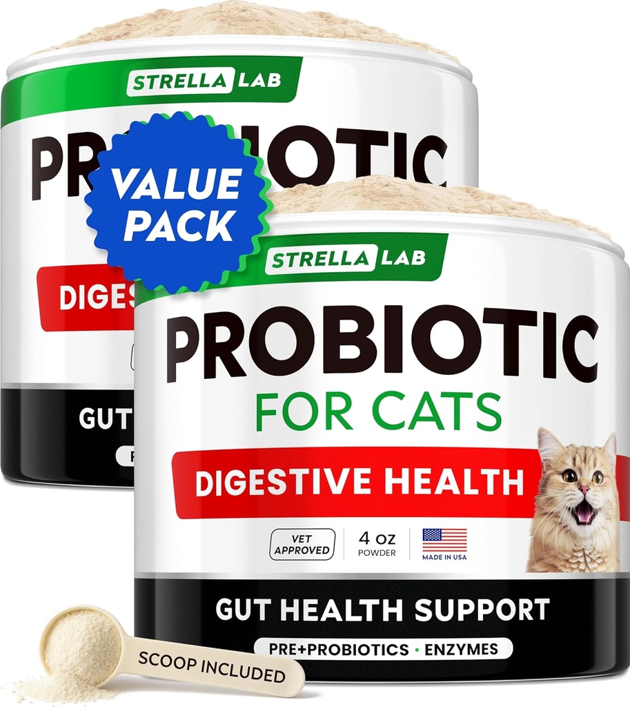 StrellaLaLaLab Cat Probiotický prášek - Probiotika pro kočky s průjmem - Snadný míchat prášek - Cat Probiotika pro kočky v interiéru, Zdraví dodává doplněk stravy, stravovací podpora (8 oz / balení po 2)