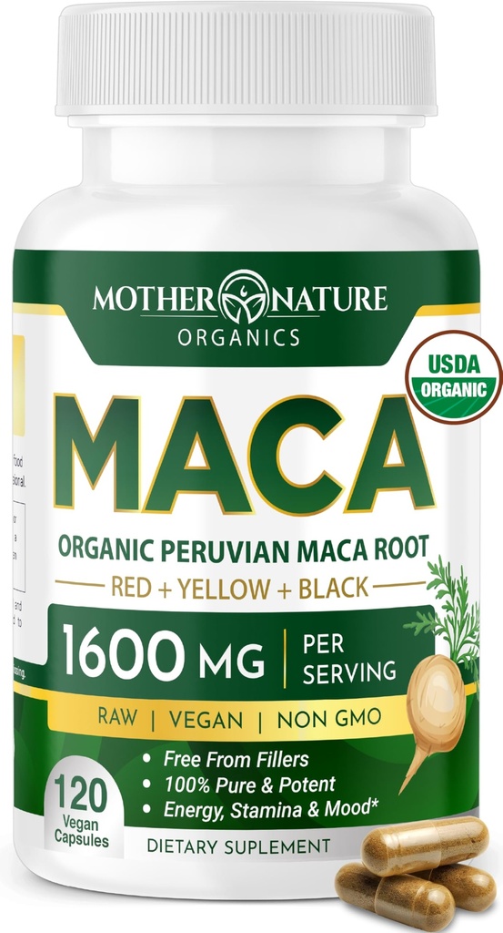 Mateřská příroda Ekologické Maca kořenové kapsle - 1600mg, 120 Vegan Kapsle - non GMO peruánské žluté, červené a černé Maca pro muže a ženy - Energie, Hormon, Brain & Weight Well- Being