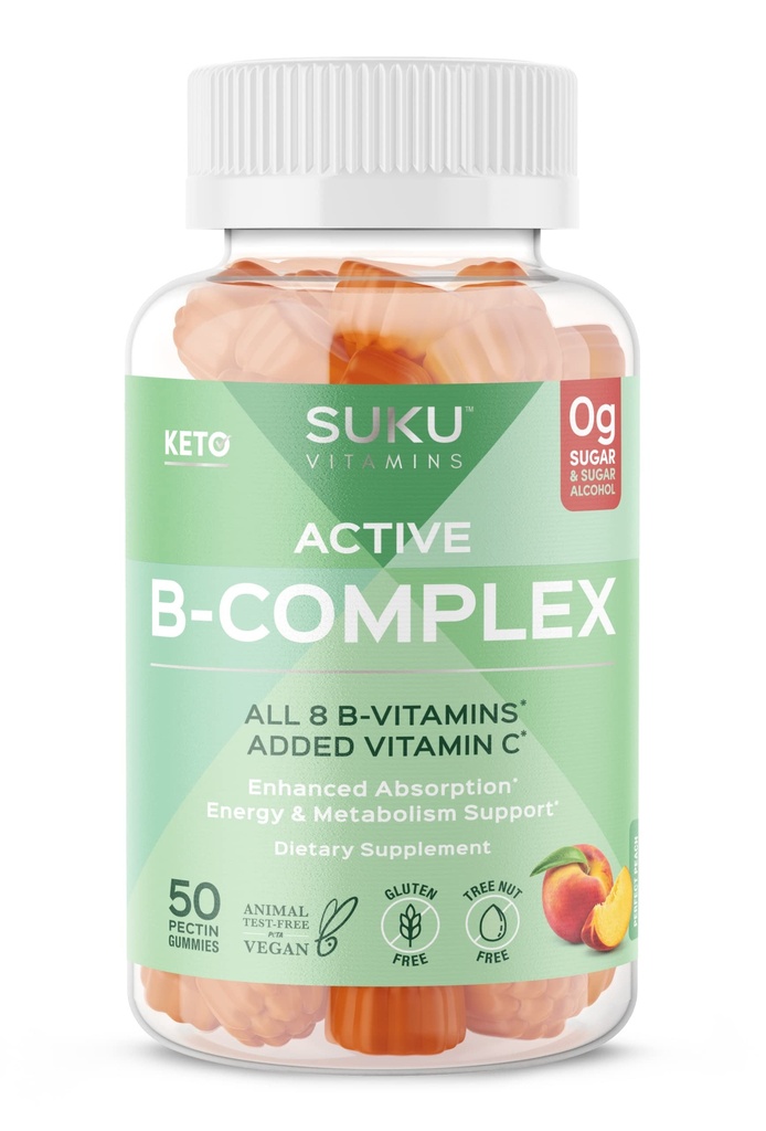 SuKU vitamin B Komplexní gumy s vitaminem C - Cukr zdarma Vegan 8 B Vitamíny Komplexní doplněk Gummy zvyšuje vývoj buněk, zlepšuje metabolismus a kolagen Formation, Peach Flavour (50 Gumy)