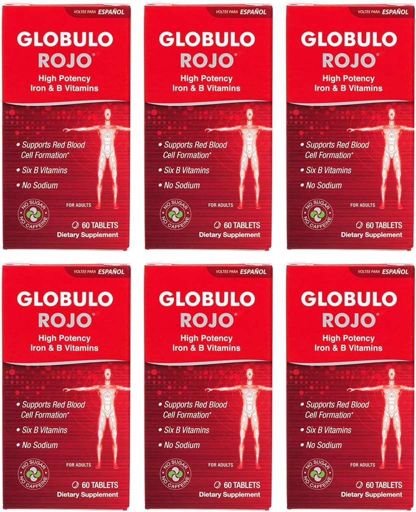 Globulo Rojo Iron Supplement - Dietní doplňky pilulky s vysokou potencí železo & B Vitamíny, 60 Tablety - 6 Pack