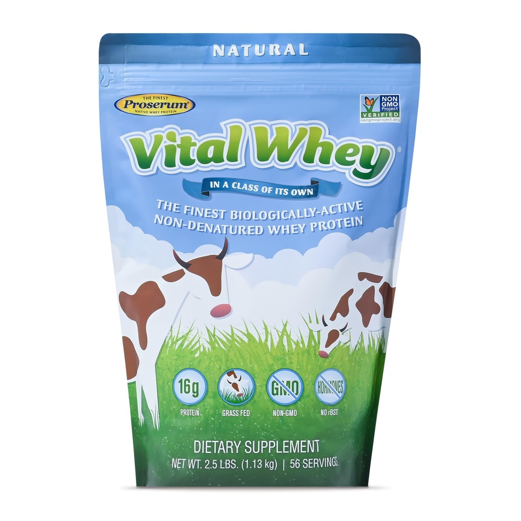 Grass- Fed syrovátkové bílkoviny prášek pro imunitní vitalitu, přírodní příchuť 2.5lbs (56 Služeb), 15g protein per serve, vital syrovátka, čisté holistické, wellness nutrition