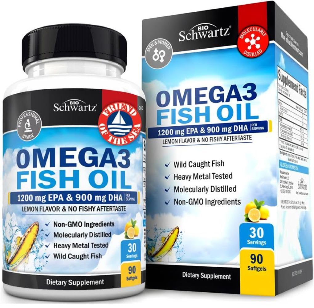 Triple Strength Omega 3 Fish Oil 3000mg - High potency Omega 3 Doplněk pro ženy a muže, Bezdrátový Lemon Flavor Fish Oil - 2250mg Essential Fatty Acids with DHA & EPA, Wild Caught, 90 Softgels