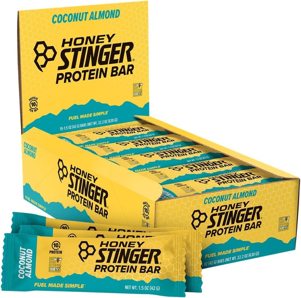 Honey Stinger Protein Bar, kokosové mandle, proteinové balení potravin pro cvičení, vytrvalost a výkon, Sportovní nutriční snack pro domácí & Gym, Post Workout, Box of 15
