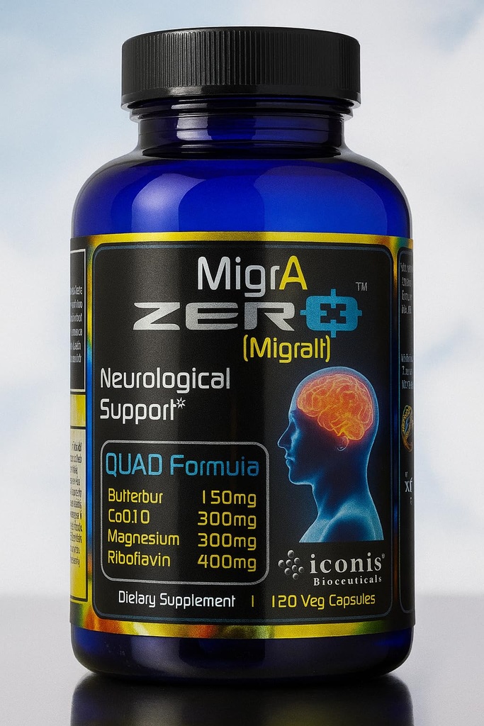Migréna Relief, Quad- Formule s PA- Free Bur (150mg), CoQ10 (300mg), Glycinát hořečnatý (300mg), High- Dose Riboflavin (400mg) - Migra Zero (120 kaps) Optimální dávkování pro migrény